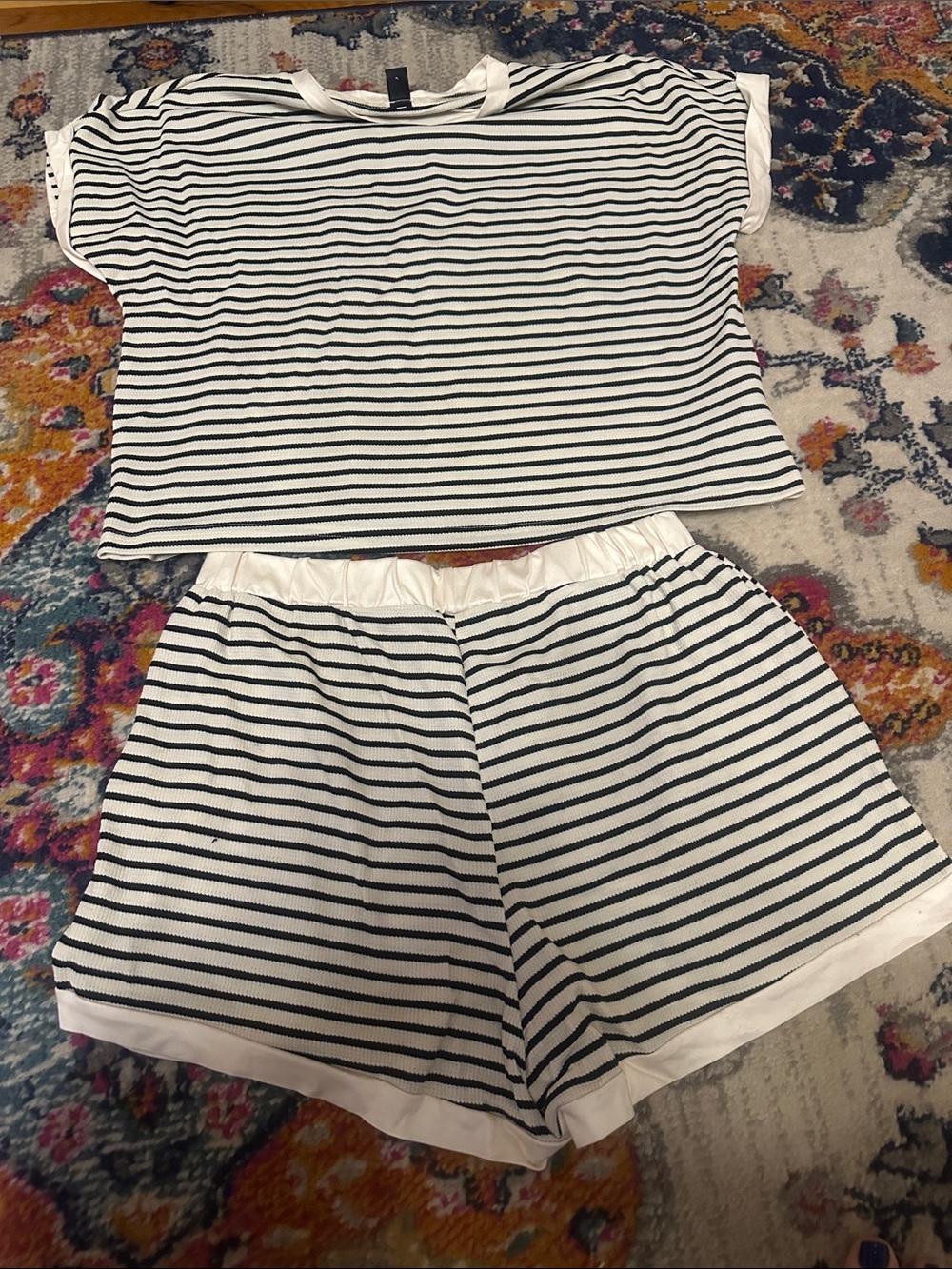 Striped Black & White Women’s Lounge Short Set - Picture 2 of 6